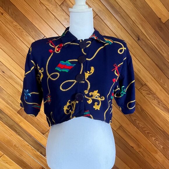 Vintage 80s/90s Navy Blue Nautical Button Up Crop Top - Picture 1 of 5